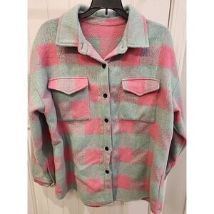 Oversized Heavyweight Green Pink Plaid Cozy Brushed‎ Shacket  L Sping Fall Wear
